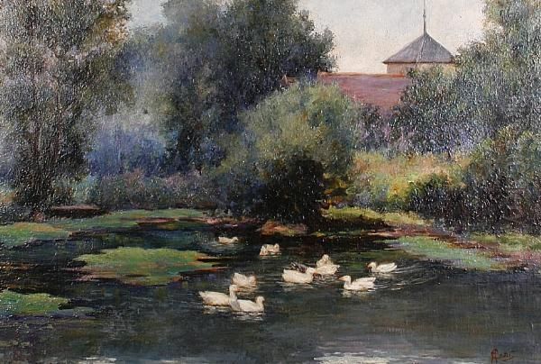 Ducks In A River Landscape Oil Painting by C. Hart