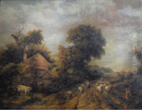 Landscape With Shepherd And Sheep On A Path Oil Painting by C. Hart