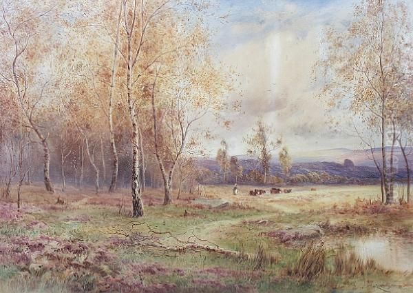 Figure And Cattle In A Wooded Landscape Oil Painting by J. Lawrence Hart