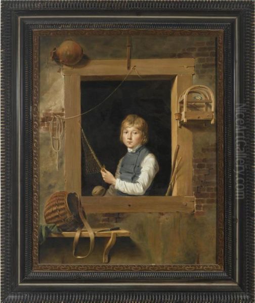 A Boy In A Window With A Caged Songbird And Fishing Equipment Oil Painting by James Turpin Hart