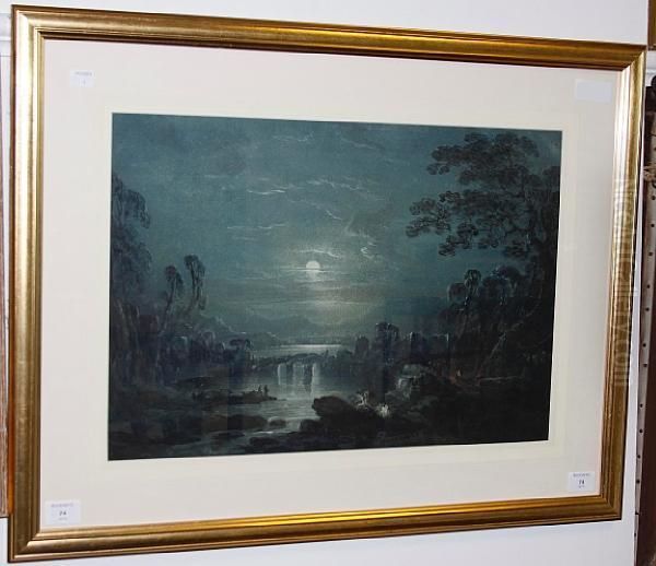 Moonlit River Scene Oil Painting by Thomas Gray Hart