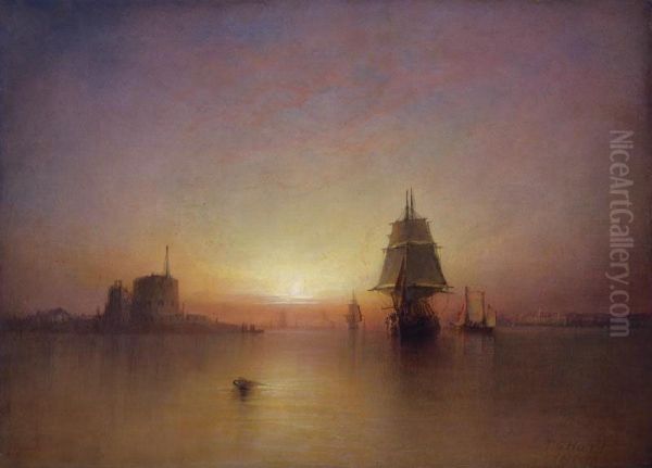 Shipping At Sunset Off A Coastal Fort Oil Painting by Thomas Gray Hart