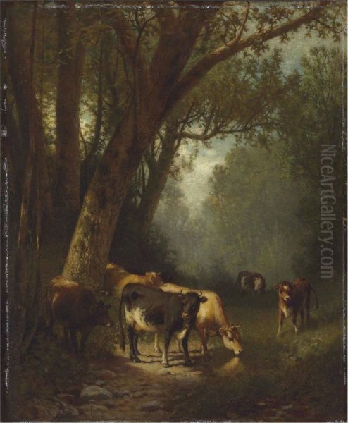 Cows Grazing In The Forest Clearing Oil Painting by William M. Hart