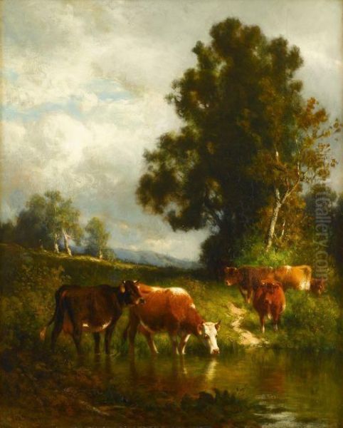 Cattle Watering At Sunset Oil Painting by William M. Hart