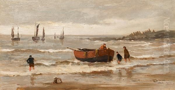 Rowing Boat And Figures On A Shore Oil Painting by William Howard Hart