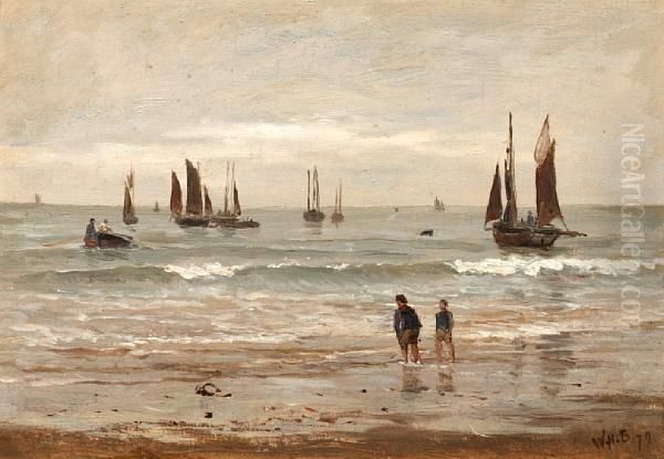 Beach Scene With Figures And Boats Oil Painting by William Howard Hart