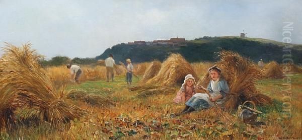 Two Young Girls Resting By A Corn Stook Oil Painting by William Howard Hart