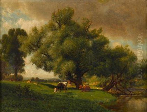 Landscape With Grazing Cows Oil Painting by William Howard Hart