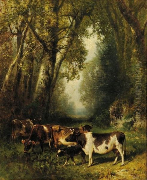 Cows In A Woodland Landscape Oil Painting by William M. Hart