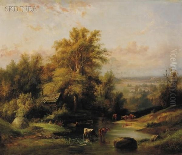 Landscape With Watering Cattle Oil Painting by William M. Hart