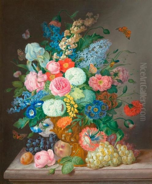 Floral Still Life With Grapes And Peach. Oil Painting by Anton Hartinger