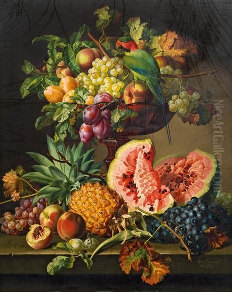 Blumen- Und Fruchtestillleben Mit Papagei Oil Painting by Anton Hartinger