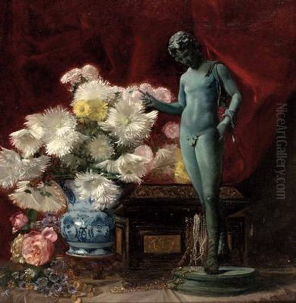 Blumenstillleben Mit Schmuckkassette Und Knabenstatuette Oil Painting by Anton Hartinger