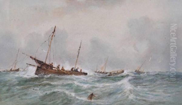 Fishing Vessels On Rough Seas Oil Painting by Henry Albert Hartland