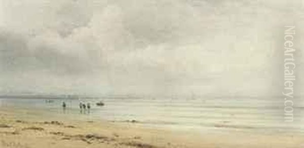 Figures Playing In The Sea At Low Tide Oil Painting by Henry Albert Hartland