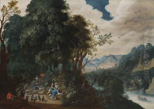 Promeneurs Dans Un Paysage De Montagnes Oil Painting by Johann Jakob Hartmann