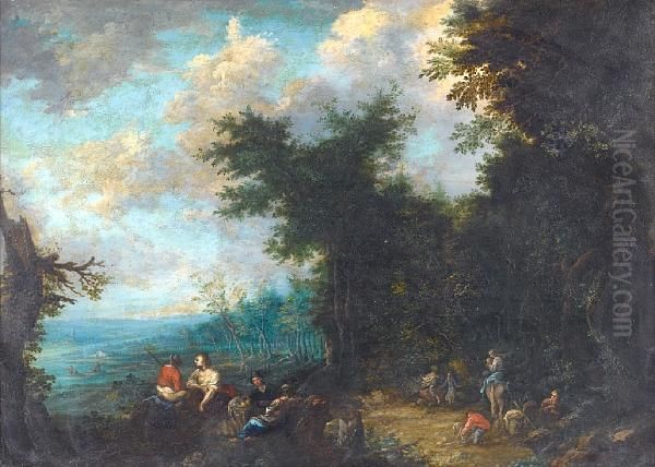 Travellers In An Extensive Wooded River Landscape Oil Painting by Johannes Jacob Hartmann