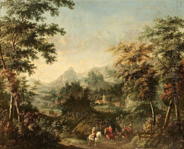 Hans Krets, Landskap Med Ridande Jaktsallskap Oil Painting by Johannes Jacob Hartmann