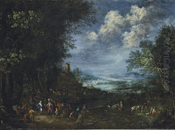 An Extensive, Wooded River Landscape, With David And Abigail Oil Painting by Johannes Jacob Hartmann