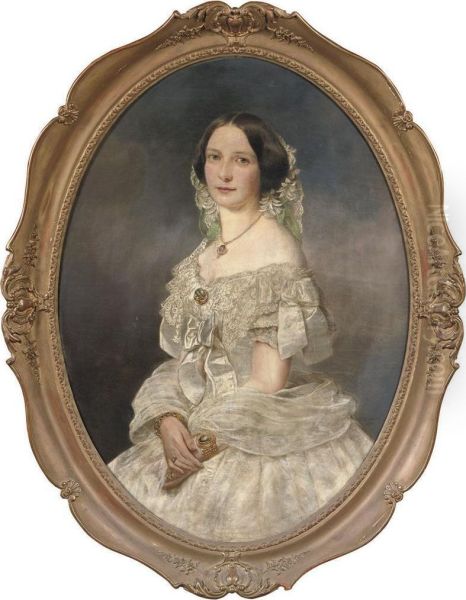 Portrait Of A Lady Wearing A White Dress Oil Painting by Joseph Hartmann