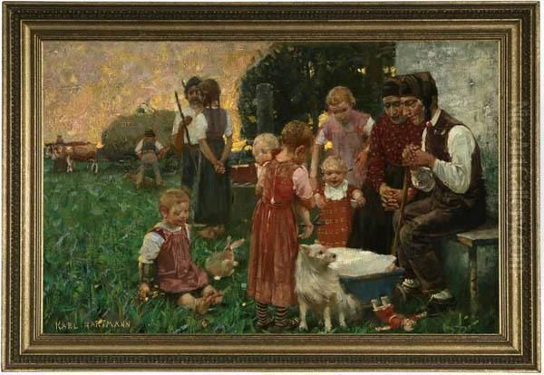 Farming Family Gathered Together Oil Painting by Karl Hartmann