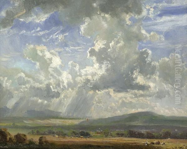 Sommerliche Landschaft Bei Heranziehendem Gewitter Oil Painting by Ludwig Hartmann