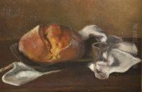 Still Life Of Bread And Glass On White Cloth Oil Painting by Richard Hartmann