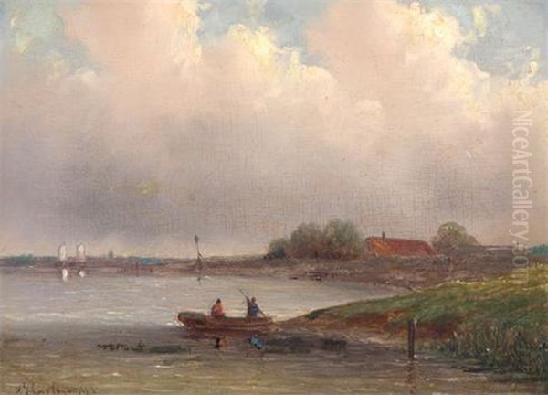 River Landscape With Figures In A Boat Oil Painting by Joseph Hartogensis