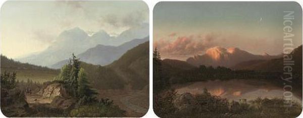 A Tyrolean Couple Strolling Before A Mountain Range; And A Tyrolean Lake By Twilight Oil Painting by Joseph Hartogensis