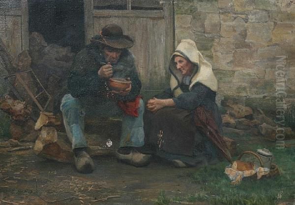 Breton Peasants Sitting Outside A Cottage Eating Oil Painting by E. Hartry