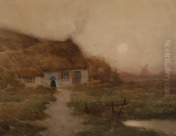 Woman Outside A Thatched Cottage At Dusk Oil Painting by Walter C. Hartson