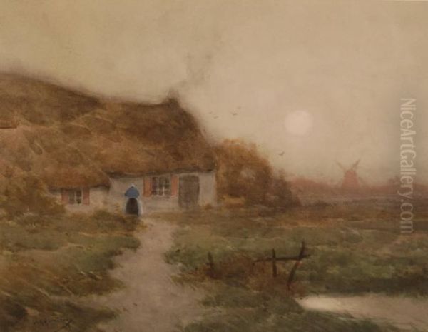 Woman Outside A Dutch Cottage At Dusk by Walter C. Hartson