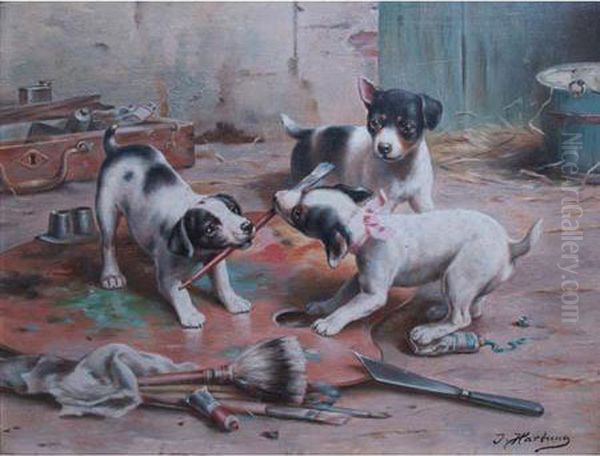 Tug O' War 
 And 
Playful Kittens Oil Painting by Johann Hartung