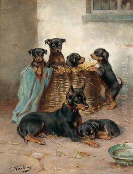 Mother Dog And Her Puppies Oil Painting by Johann Hartung