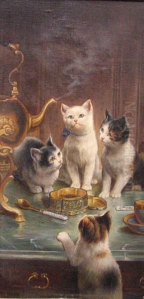 Kittens At The Tea Table Oil Painting by Johann Hartung