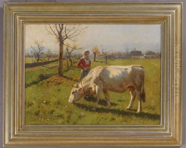 A Lass And Her Cow Oil Painting by Hermann Hartwich