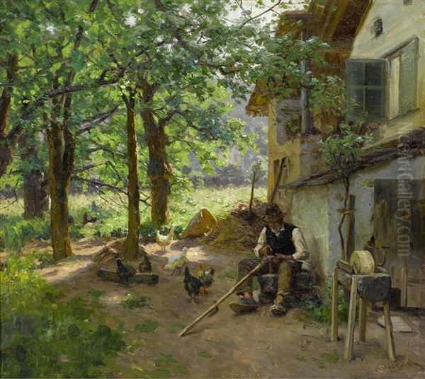 Peasant Working At The Scythe. Oil Painting by Hermann Hartwich