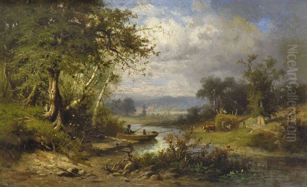 Baumbestandene Uferlandschaft Oil Painting by Hermann Hartwich