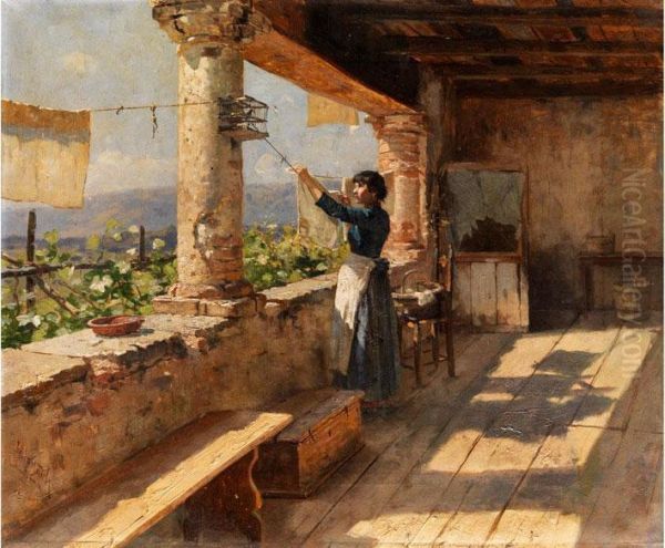 Junge Italienerin In Einer Loggia Beim Wasche Aufhangen Oil Painting by Hermann Hartwich