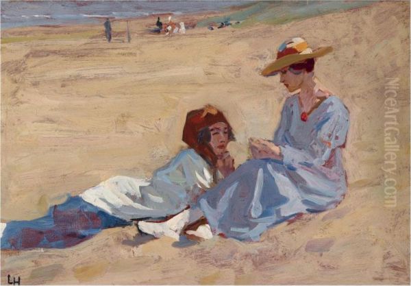 Two Ladies On The Beach Oil Painting by Louis Hartz