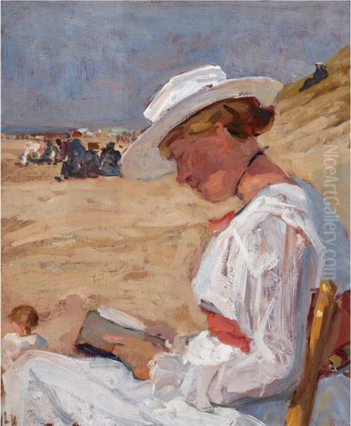 An Interesting Read On The Beach Oil Painting by Louis Hartz