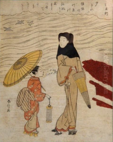 Mother And Child Each Holding A Parasol Oil Painting by Suzuki Harunobu