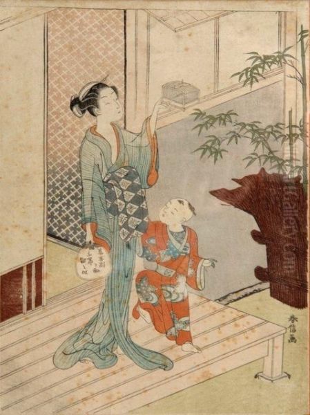 Mother And Child Oil Painting by Suzuki Harunobu