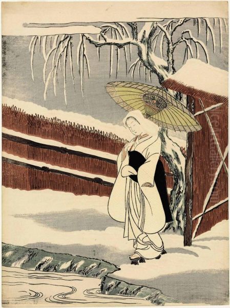 Beauty Under An Umbrella In The Snow Oil Painting by Suzuki Harunobu