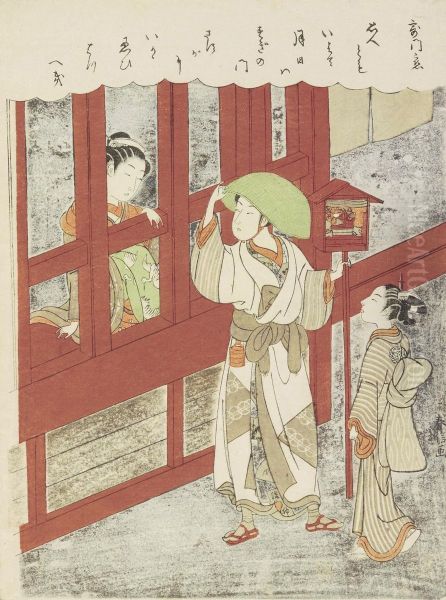 A Courtesan Speaking With A Young Man Oil Painting by Suzuki Harunobu