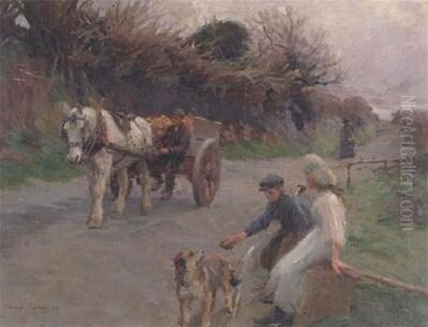 Travellers Resting With A Horse And Cart Passing By Oil Painting by Harvey Harold