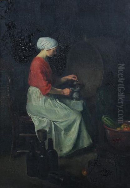 Drawing Off Wine In A Cellar Oil Painting by Herbert Johnson Harvey