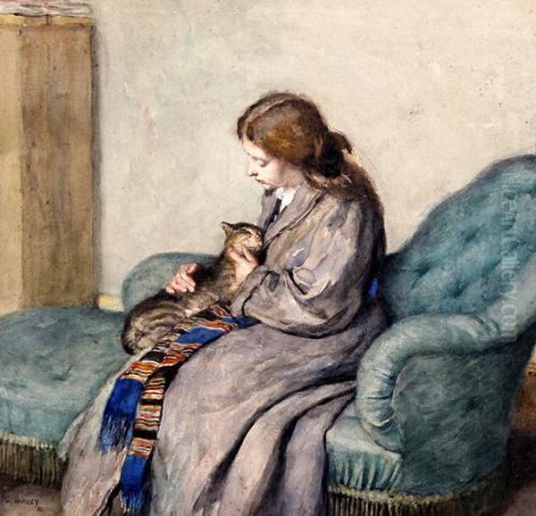 Lady Seated With A Cat In An Interior Oil Painting by Herbert Johnson Harvey