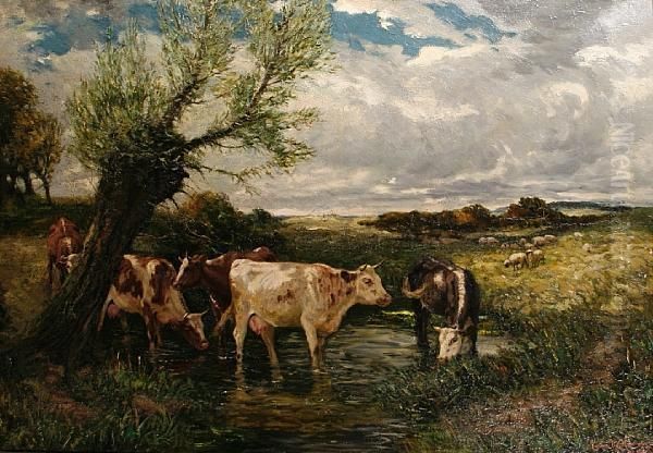 Cattle Watering In A Summer Landscape Oil Painting by John Rabone Harvey