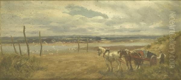 Carthorses On An Estuary Oil Painting by John Rabone Harvey